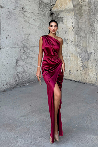 bella istanbul Fiona Tek Kol Drapeli  Saten Abiye