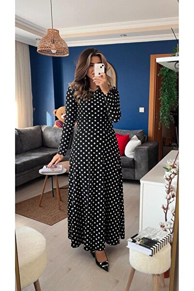 Genel Markalar Kadın Krep Kumaş Uzun Kollu Tam Boy Puantiyeli Elbise 132 Cm