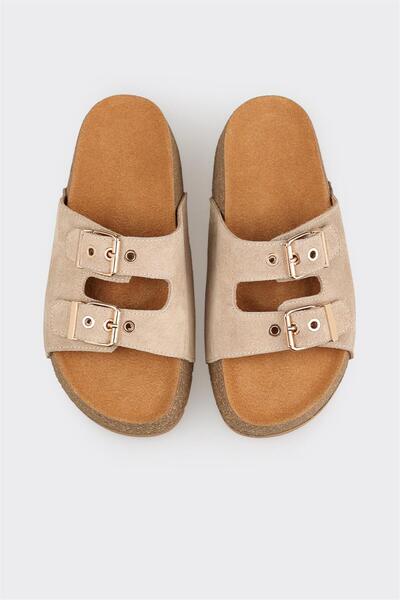 Elle Shoes Bej Deri Kadın Terlik