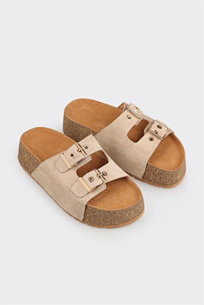 Elle Shoes Bej Deri Kadın Terlik