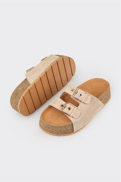 Elle Shoes Bej Deri Kadın Terlik