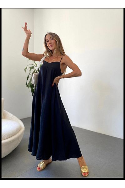manana fashion Rochie neagra lunga din stofa Ayrobin cu bretele reglabile