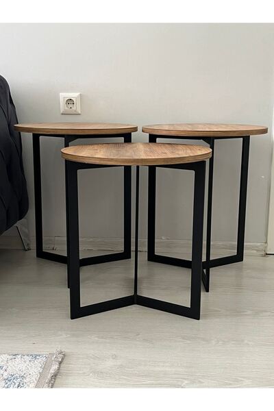 AssuCass Asya 3'lü Metal Zigon Sehpa Ceviz