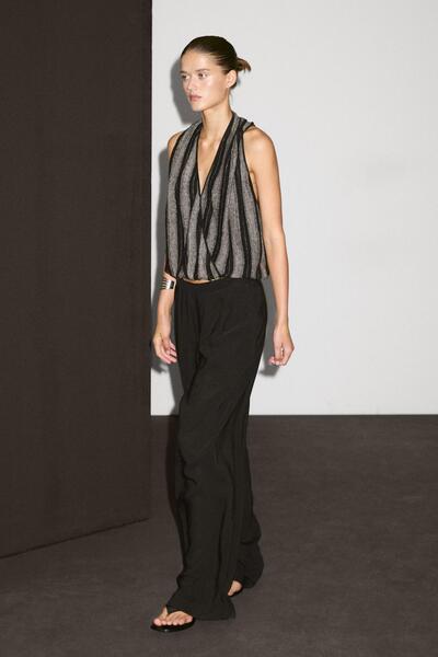 Massimo Dutti Keten karışımlı triko kruvaze halter yaka top