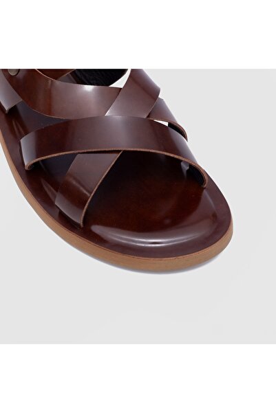 TOGO Kahverengi Hakiki Deri Erkek Düz Terlik [052138]