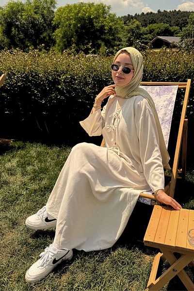 Yefrastore Linen Suit with Lace-Up Front and Elastic Waist Skirt Ecru