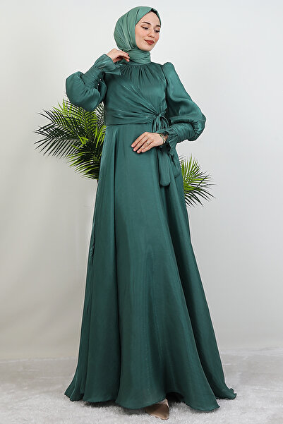 GİZ AGİYİM Dark Mint Silk Evening Dress with Bow Detail