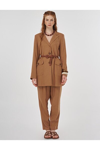 Kayra Pocket Detailed Linen Viscose Double Suit Camel