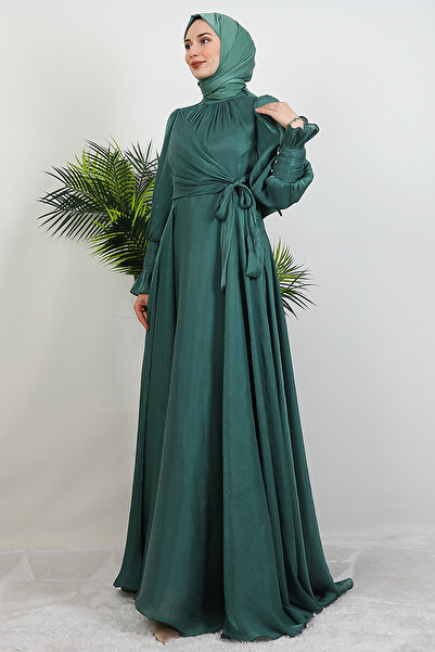 GİZ AGİYİM Dark Mint Silk Evening Dress with Bow Detail