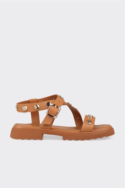 Elle Shoes Taba Deri Kadın Düz Sandalet