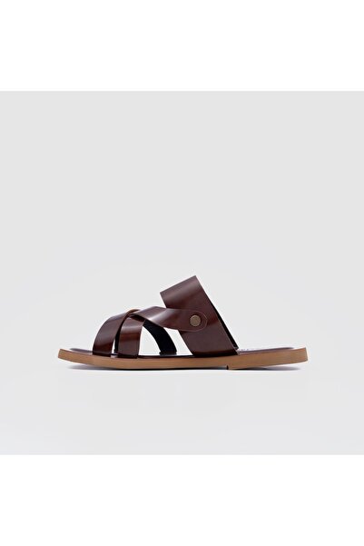 TOGO Kahverengi Hakiki Deri Erkek Düz Terlik [052138]