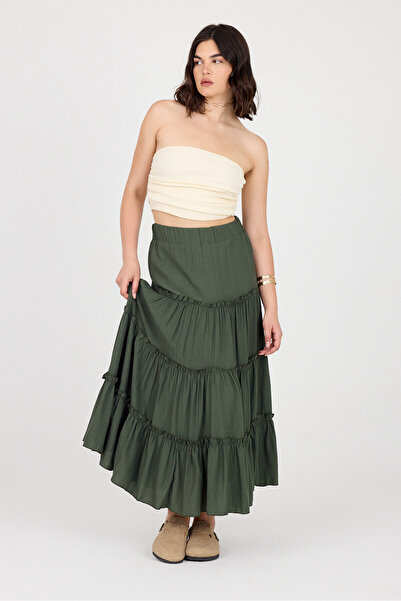 Ceylen Beli Lastikli Kat Detaylı Maxi Boy Etek