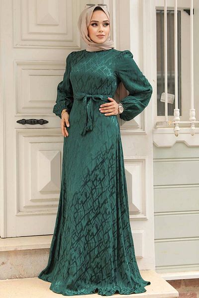 Neva Style فستان حجاب منقوش باللون الأخضر الزمردي - 23272ZY