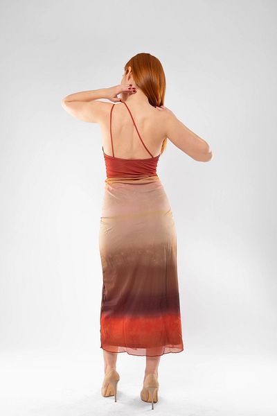 Bak Moda Καφέ Premium Tie-Dye φόρεμα - Μεταβατικό χρώμα και λεπτομέρεια με ιμάντα ώμου