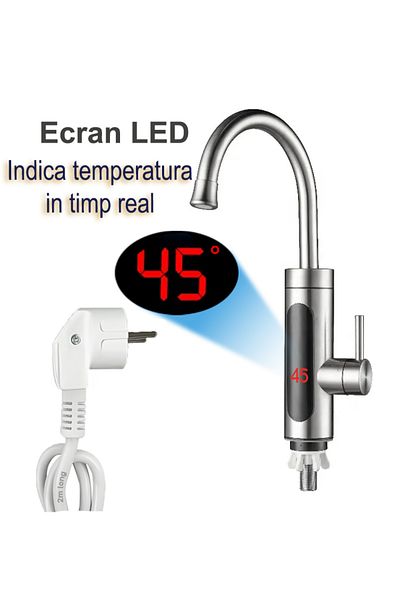 SellerRasov doar pregatiti Instant Hot and Cold Water Faucet, Led, 3300w, Stainless Steel, 360° Rotation, 2m Cable, Silver