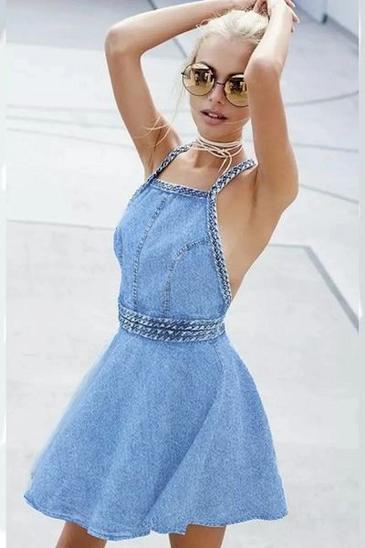 FASHION COCKTAIL Δίδυμος Ζώνης Σχοινί Ξεκούμπωτη Φούστα με Σταυρωτή Τιράντα Χαλαρή Ελαστική Σαλοπέτα από Τζιν με Ανοιχτή Πλάτη και Φερμουάρ