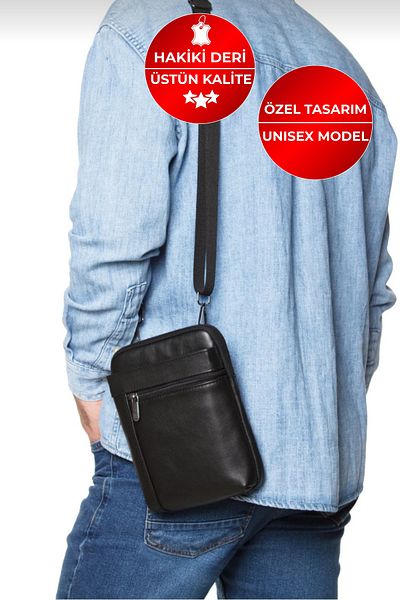 CERFF LEATHER CLUP Μαύρη Unisex τσάντα ώμου από γνήσιο δέρμα αγελάδας