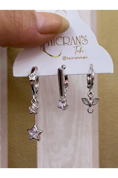 Hicrans Takı Anka kuşu ve yıldız figürlü gümüş renk üçlü set çelik küpe
