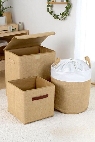 İronika Jute Fabric Closet Organizer Toy Box Items Laundry Storage Basket Organizer Box Set of 3