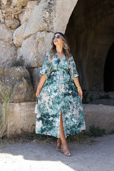 bytugcekaya Green Slit Spray Dress - Bat Sleeve