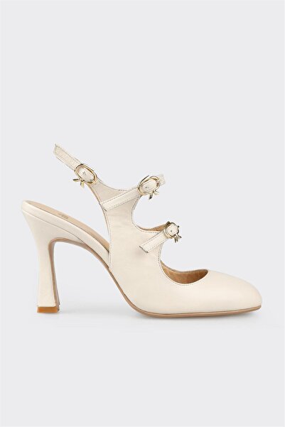 Elle Shoes Μπεζ δερμάτινα γυναικεία παπούτσια με τακούνι