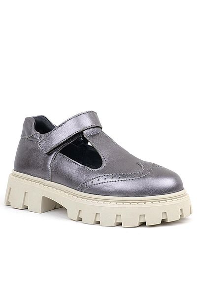 Rakerplus Pantofi de școală pentru fete, piele naturală, platină, crem, talpă Velcro
