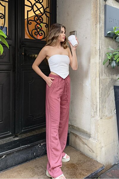 la & vetta Dusty Rose Linen Blended Loose Cut Trousers