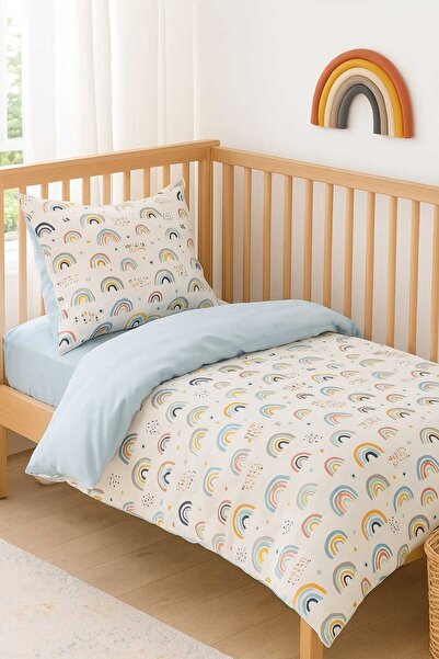Bebek Özel طقم لحاف ووسادة للأطفال من القطن مقاس 70x140 لسرير الأطفال باللون الأزرق قوس قزح (مع لحاف)