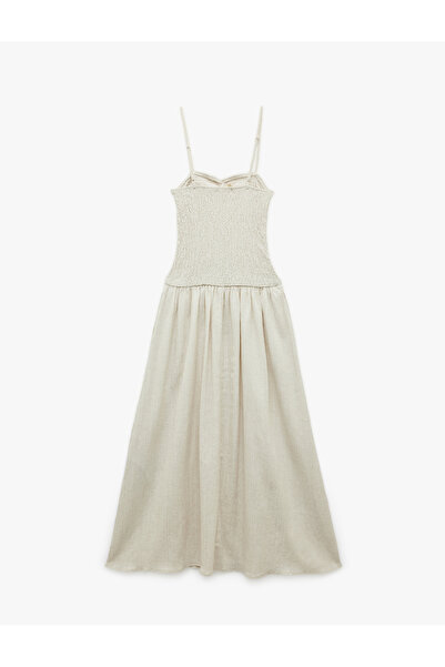 Koton Viskon Keten Karışımlı Dokulu Kalp Yaka Uzun İnce Askılı Kloş Elbise