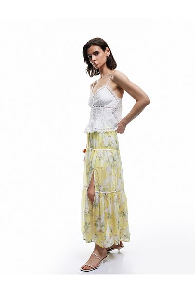 Koton Lined Slit Detailed Layered Midi Bell Cut Flared Floral Skirt