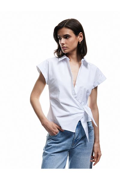 Koton Cotton Short Cap Sleeve Asymmetrical Cut Front Tie Detail Shirt