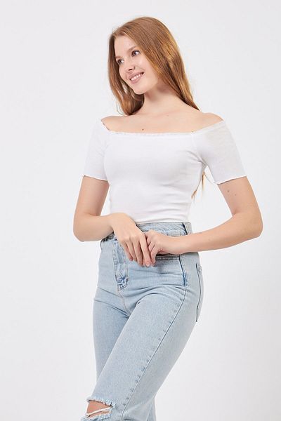 la & vetta Λευκή πλεκτή μπλούζα Carmen Collar Crop