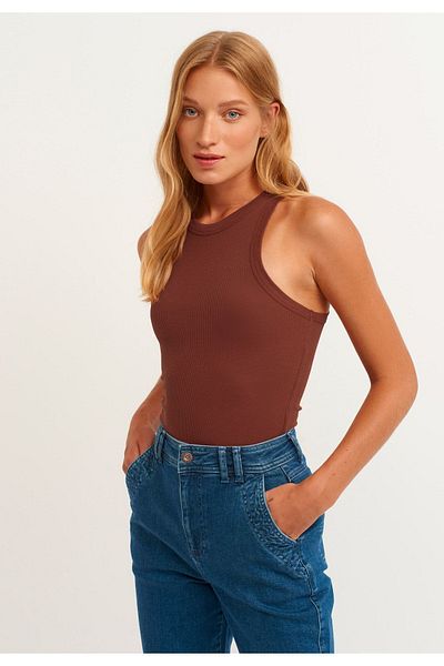 la & vetta Women's Baby Blue Ribbed T-shirt Halter Neck Knitted Undershirt