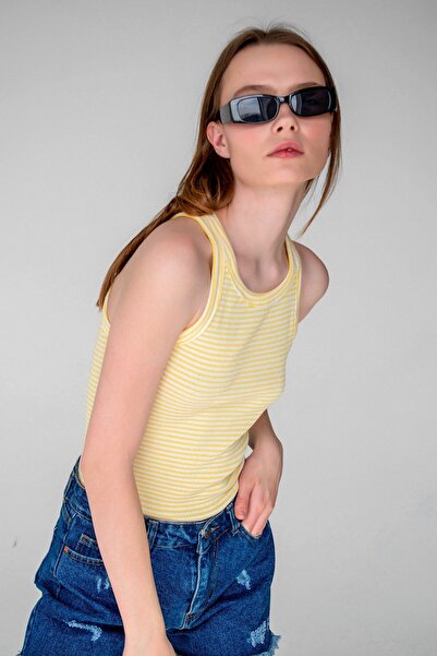 la & vetta Kadın Sarı Çizgili Fitilli Halter Yaka Kolsuz Atlet