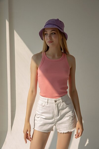 la & vetta Kadın Yavruağzı Fitilli T-shirt Halter Yaka Örme Atlet