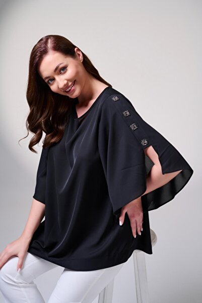 DE WHITES Plus Size Sleeve Bluz with Stone Accessory Detail