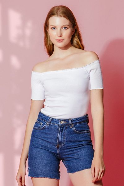 la & vetta Λευκή πλεκτή μπλούζα Carmen Collar Crop
