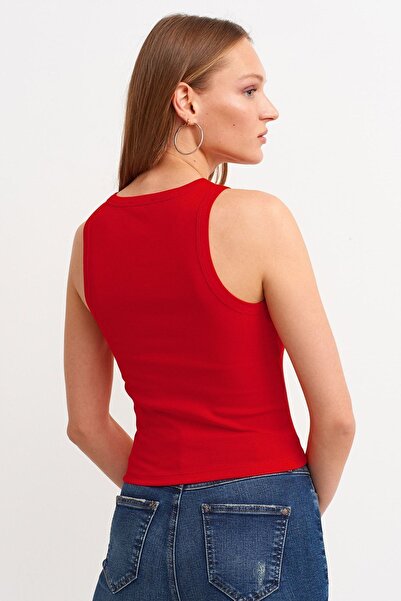 la & vetta Kadın Kırmızı Fitilli T-shirt Halter Yaka Örme Atlet