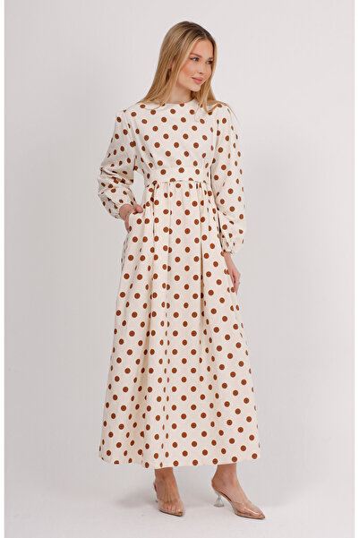 GAVLİA Φόρεμα με κρεμ χρώμα καφέ πουά με ζώνη