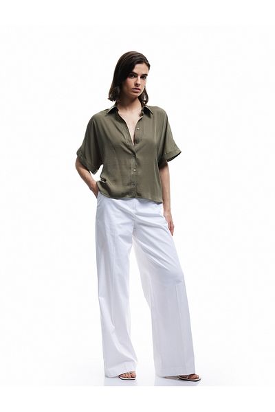 Koton Aerobin Fabric Short Sleeve Classic Collar Satin Oversize Shirt