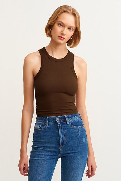 la & vetta Women's Dark Brown Ribbed T-shirt Halter Neck Knitted Tank Top