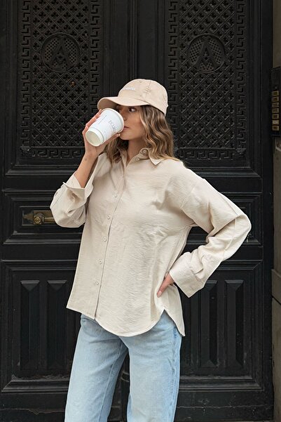 la & vetta Πουκάμισο Oversize σε μπεζ λινό μείγμα