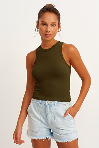 la & vetta Women's Khaki Ribbed T-shirt Halter Neck Knitted Tank Top