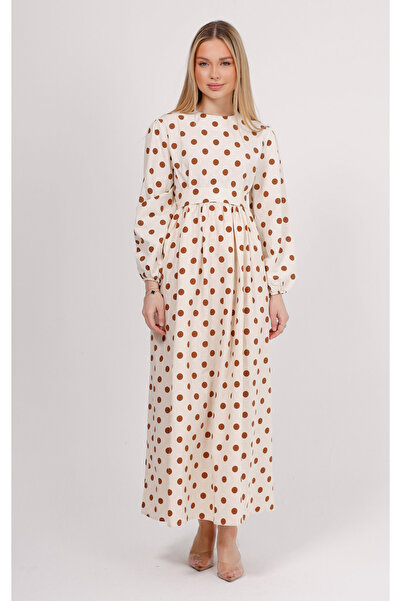 GAVLİA Φόρεμα με κρεμ χρώμα καφέ πουά με ζώνη