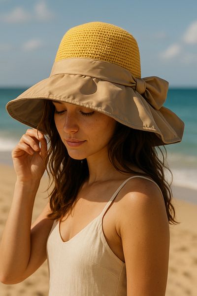 Luminos Butik Camel Fabric and Knitted Detailed Hand Knitted Wide Straw Hat Hsr2111