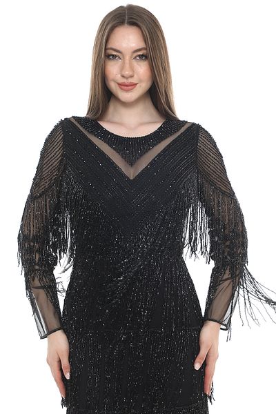GATSBYLADY LONDON Delores Short Fringe Black Beaded Mesh Midi Dress