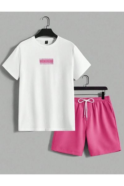 BYMEER White Pink Wondrous Printed Bottom Top Shorts T-Shirt Set