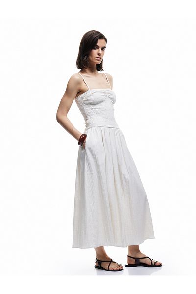 Koton Viscose Linen Blended Textured Sweetheart Neckline Long Slim Strap Flared Dress