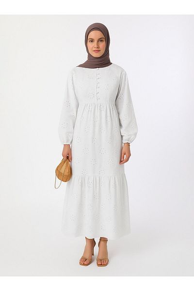 Refka Brit Buttoned Brode Fabric Hijab Dress - White - Refka