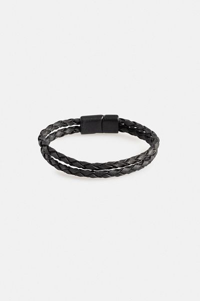 Avva Men's Black Leather and Jewelled 2-Piece Bracelet A32Y9634